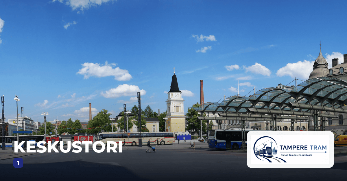 Tampereen ratikka Keskustori ratikkapysäkillä — linjat 1